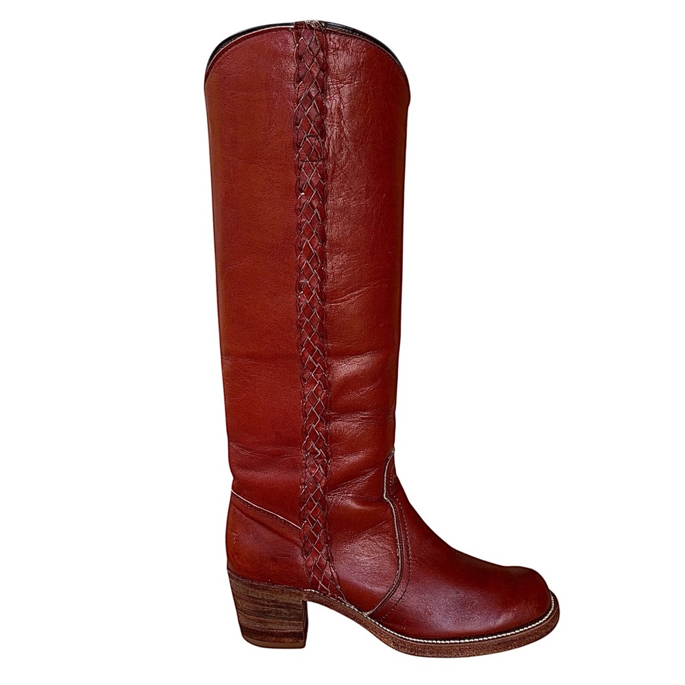 VINTAGE 1970s FRYE Cognac Braided Sabrina Campus Boots